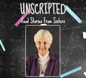 Unscripted logo graphic with Sister Paulette Pass's photo