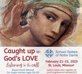 Promotional image for SSND Discernment Retreat featuring event details and artwork of a woman with a hand to hear ear. 