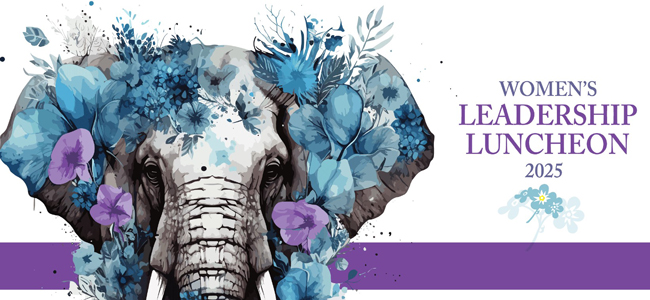 The 2025 Women's Leadership Luncheon artwork featuring an elephant and forget me not flowers