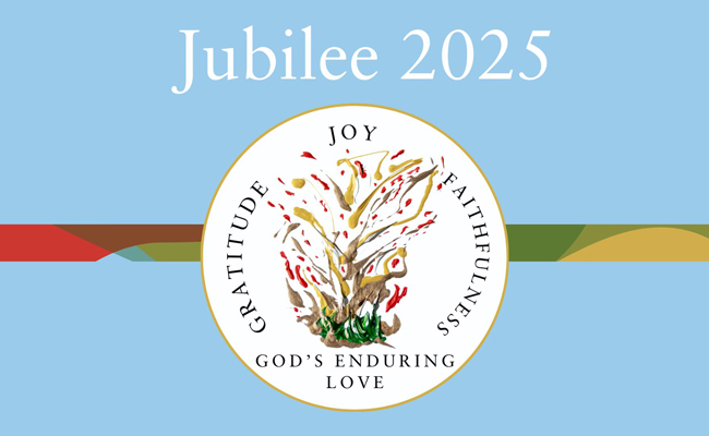 The 2025 Jubilee logo - a brown, gold, red and green painting meant to represent an expression of prayer with the words Graditude, Joy, Faithfulness, God's Enduring Love