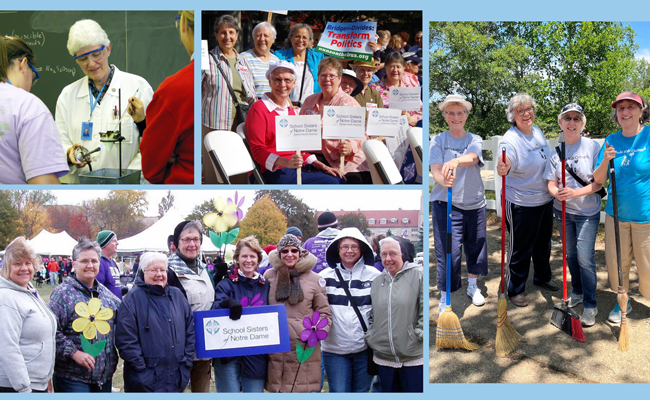 A collage of sisters participating in various activities to support and serve their communities.