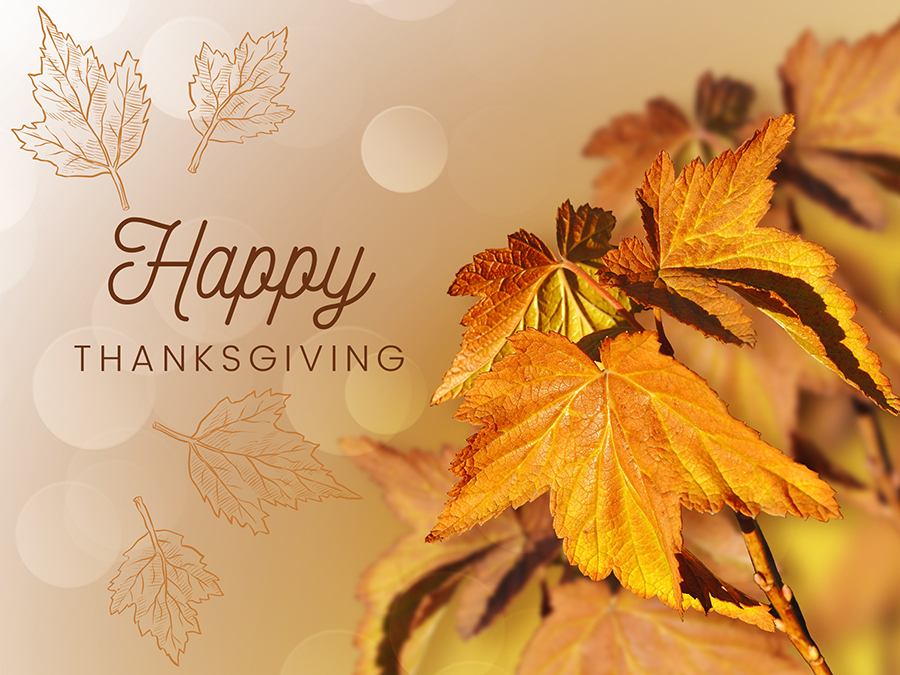 2023 Thanksgiving greeting image of leaves and it says Happy Thanksgiving.