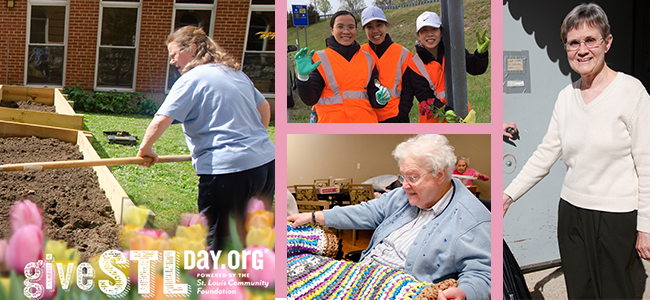 A photo collage of sisters participating in care of creation initiatives thoughout St. Louis. Support SSND on May 7 for Give STL Day.