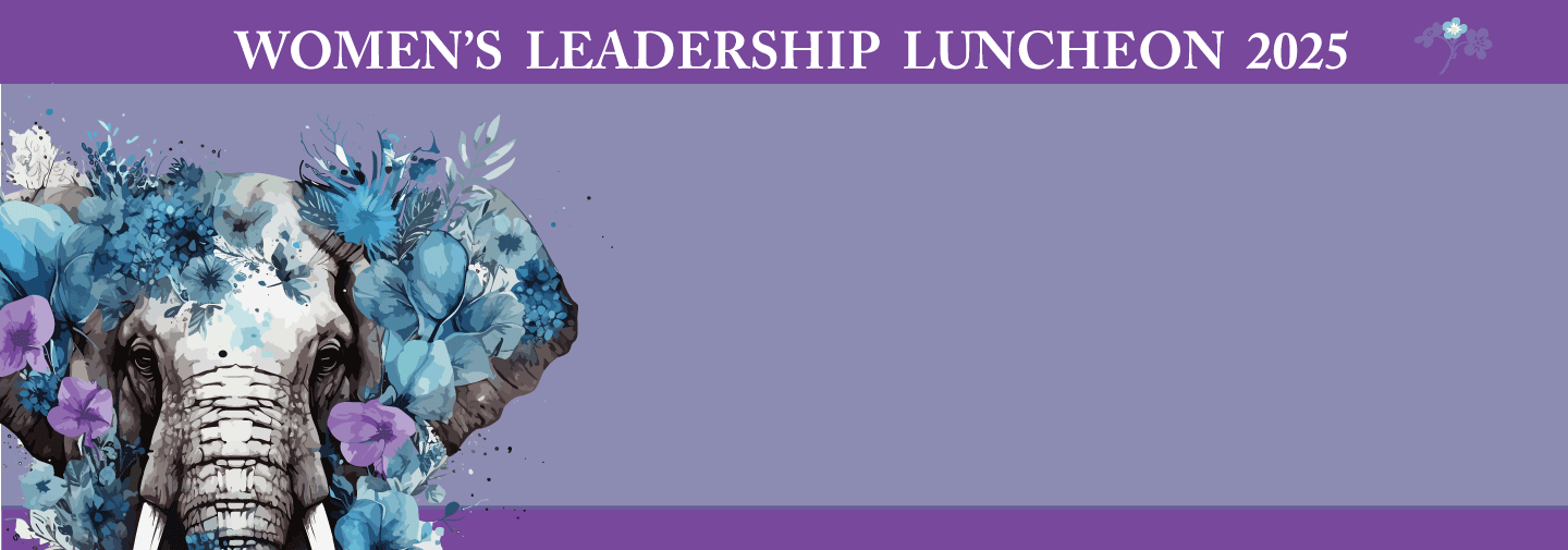 Web slider for Women's Leadership Luncheon 2025. Purple color with illustration od the elephant and forget me knot flowers.