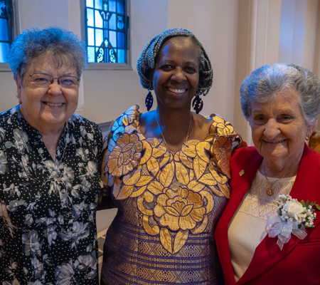 Two fellow sisters join alongside one of the 2024 Jubilarians in the chapel at Sancta Maria in Ripa ahead of the day's celebratory Jubilee Mass.