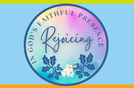 Jubilee 2024 design: Colorful circle image stating, "Rejoicing in God's faithful presence"