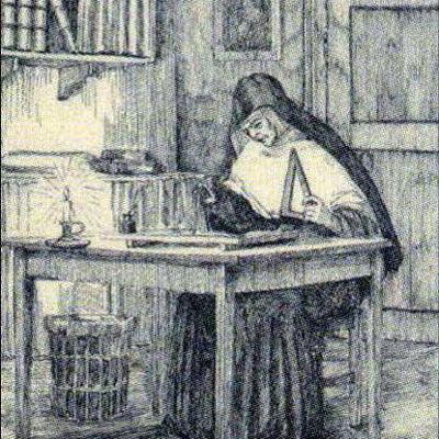 A drawing of Blessed Theresa during a time she was reviewing plans for a Motherhouse to be built. 