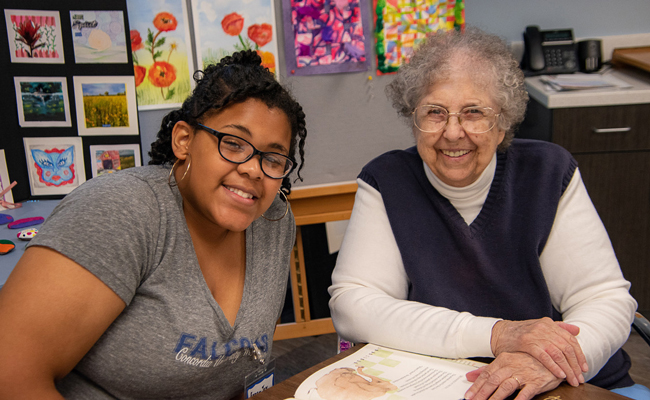 Sister Lucille Coughlin with students during a science class in the late 1990s